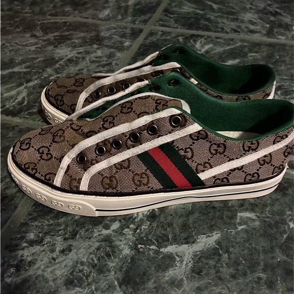 Gucci Brown Monogram Sneakers with Green and Red Stripe - Picture 3 of 6